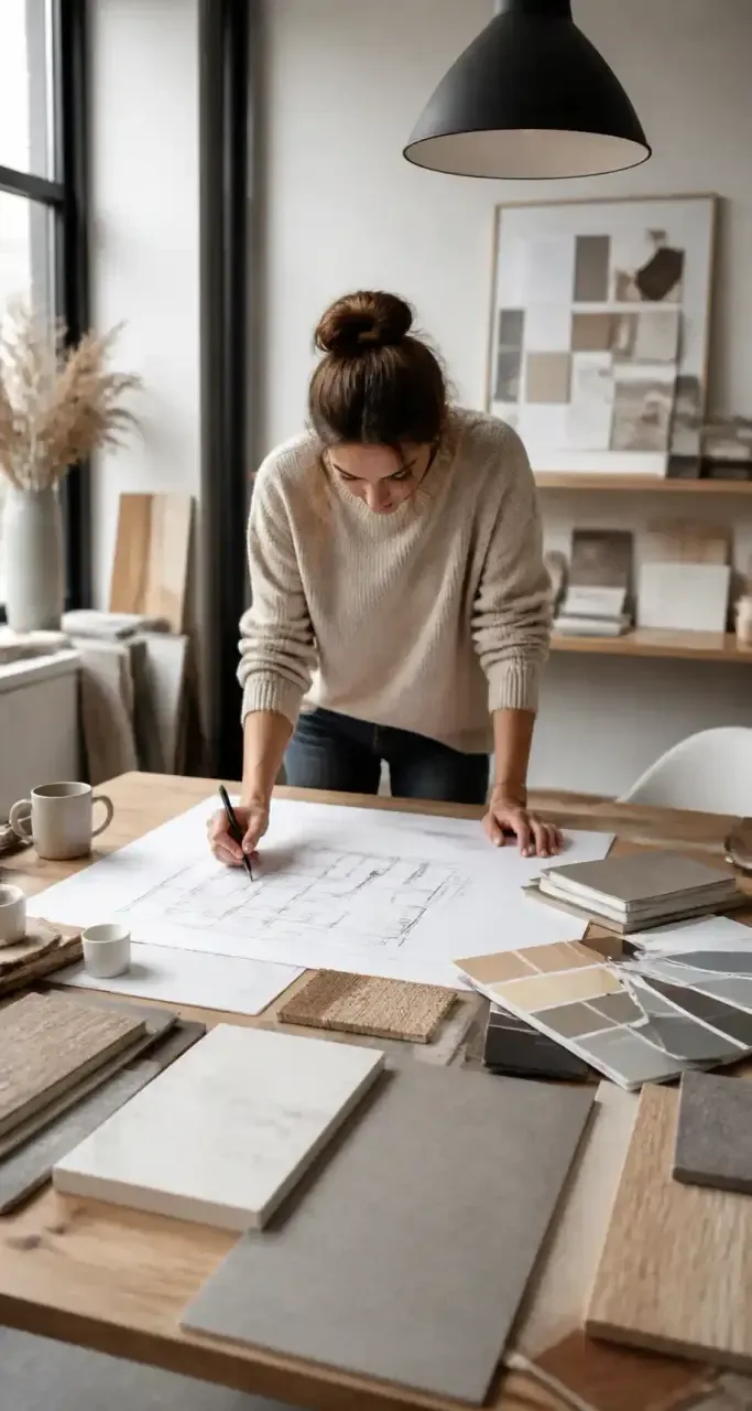 Plans de rénovation dépliés sur une table avec nuancier et échantillons de matériaux