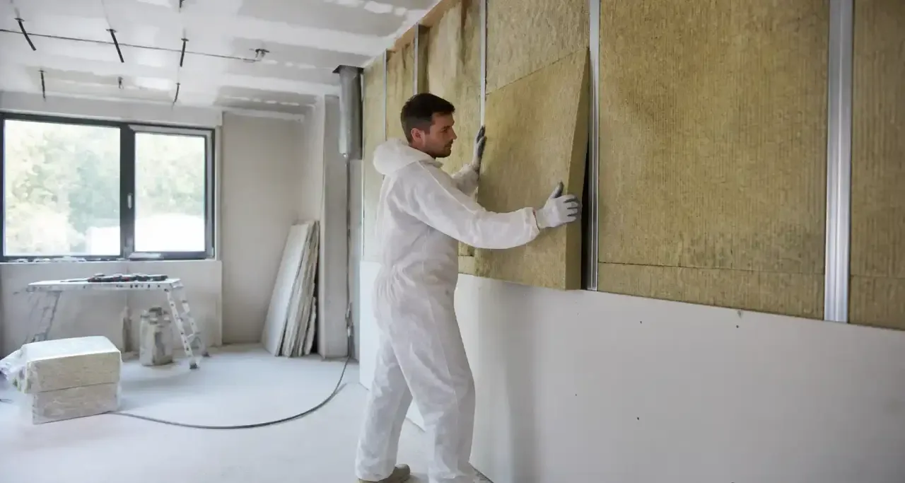 Ouvrier posant un isolant sur un mur intérieur pendant un chantier de rénovation