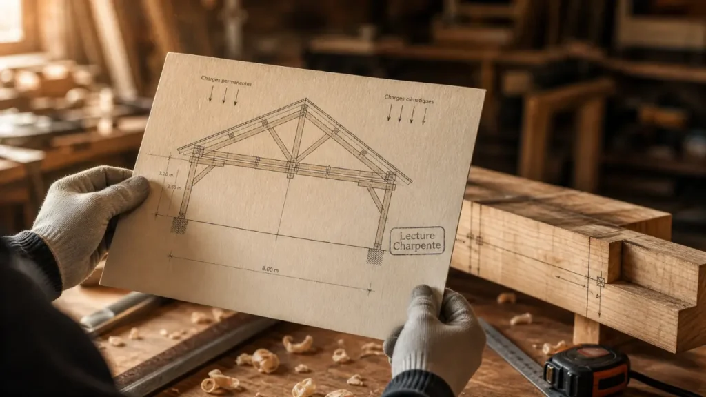 Charpente bois schemas : lecture plan avec pièces porteuses et assemblages