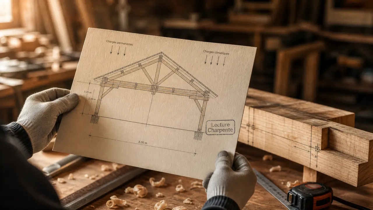 Charpente bois schemas : lecture plan avec pièces porteuses et assemblages