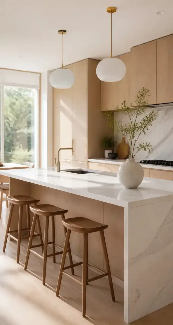 Cuisine rénovée avec îlot central en marbre et façades en bois clair