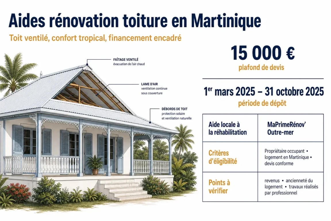 Aide rénovation toiture Martinique : infographie sur les aides et critères d’éligibilité