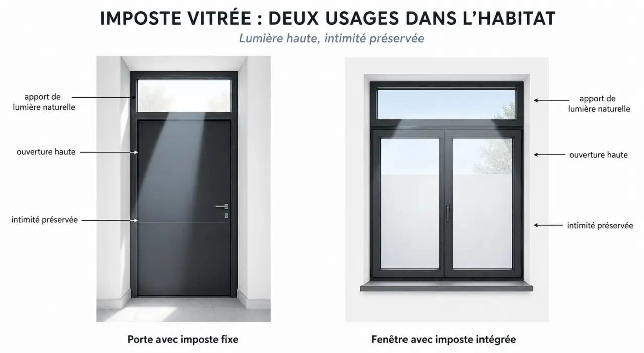 Imposte vitrée sur une porte et une fenêtre, illustration comparative des variantes et de l’apport de lumière