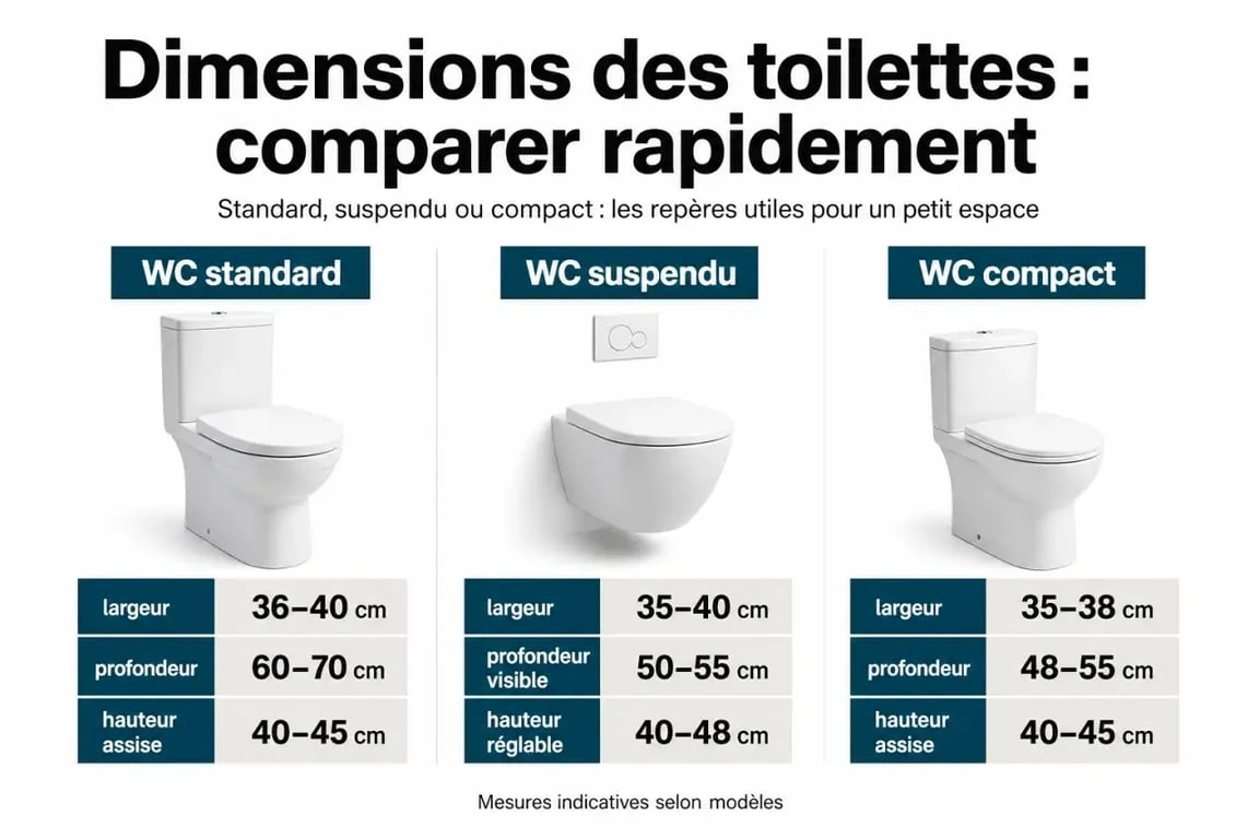 wc largeur : comparaison visuelle des dimensions d’un WC standard, suspendu et compact