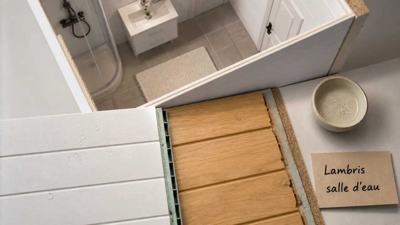 Lambris dans une salle de bain : PVC blanc texturé et bois clair