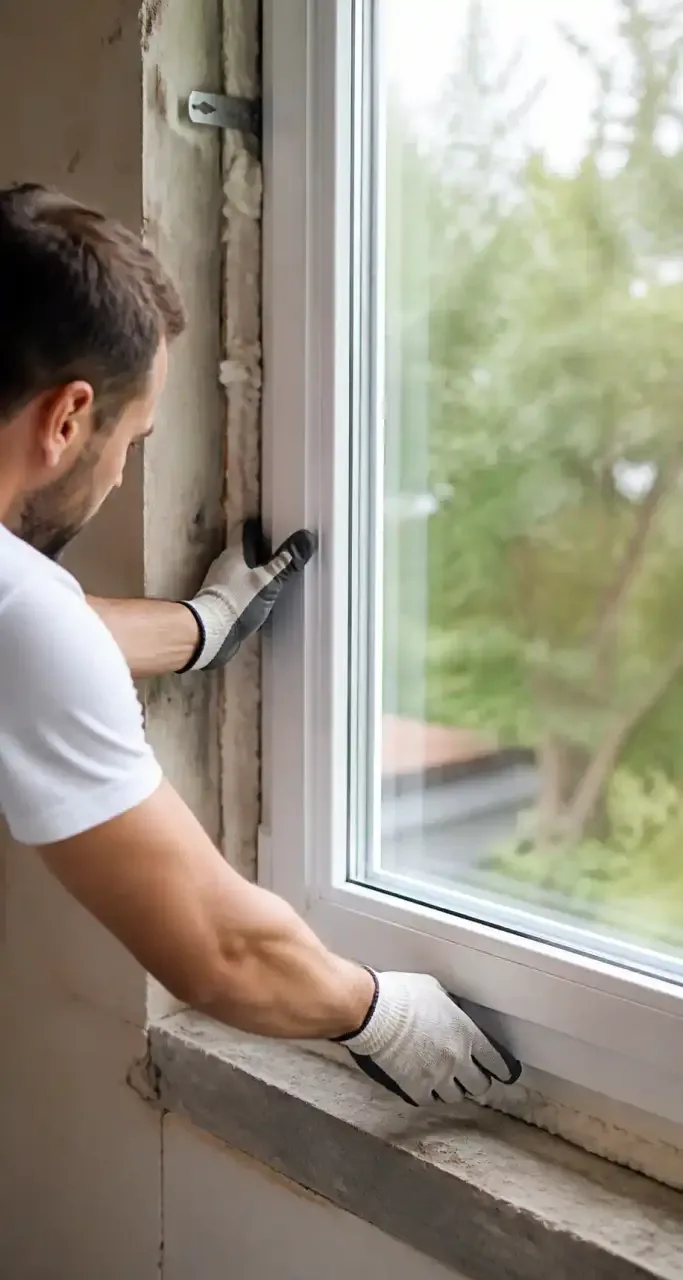 Pose d'une fenêtre à double vitrage lors d'un chantier de menuiserie en rénovation