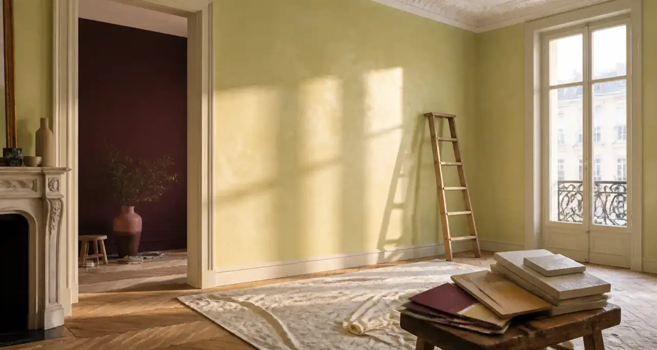 Séjour en cours de rénovation : murs à l'enduit de chaux, parquet chêne protégé et échantillons de matériaux posés sur un tabouret