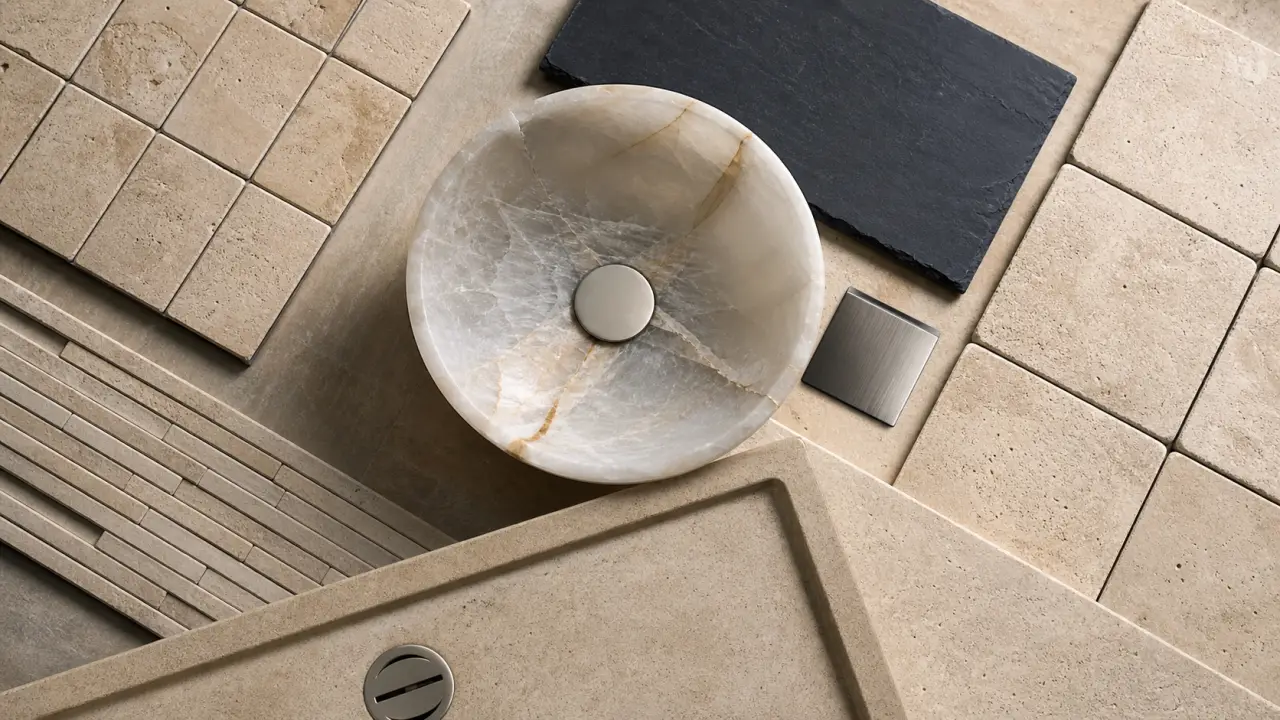Salle de bain en pierre naturelle : carreaux travertin, ardoise et quartzite, vue détaillée