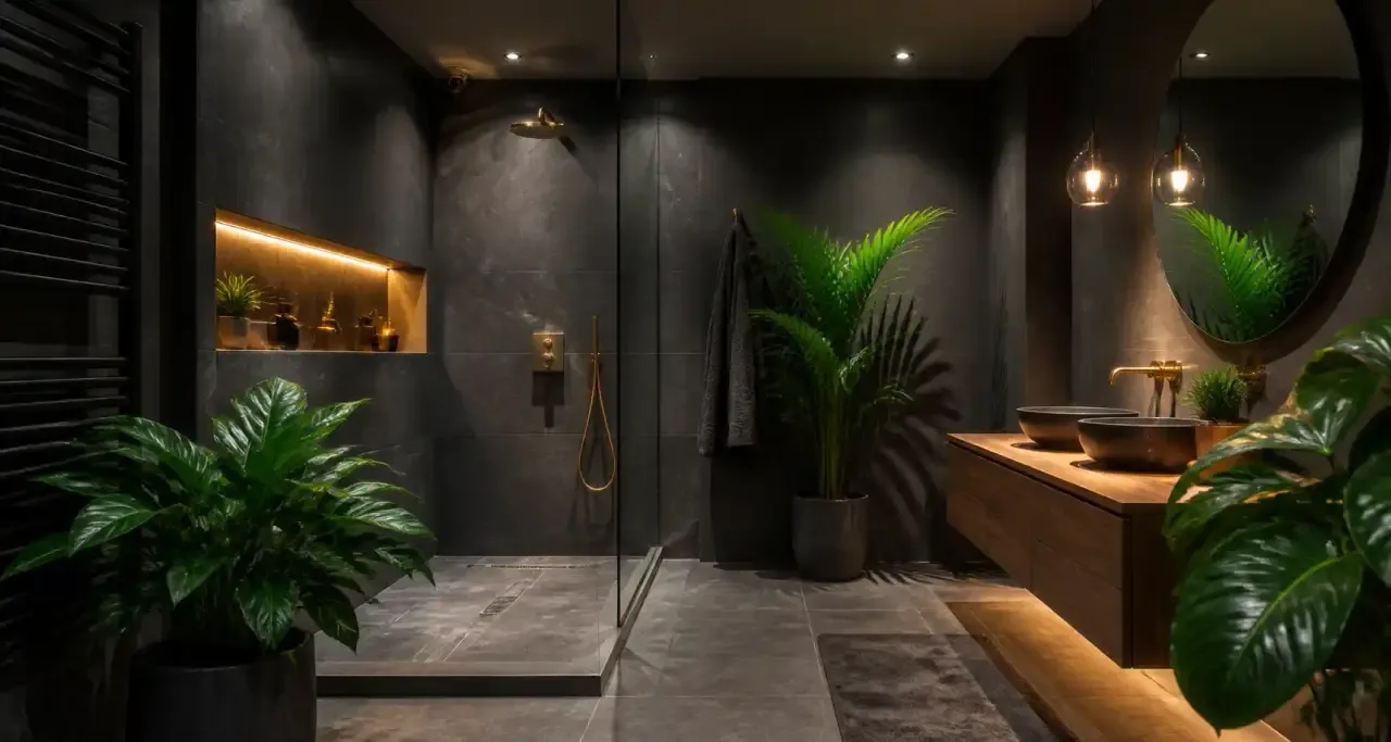 Salle de bains rénovée avec douche à l'italienne et carrelage gris