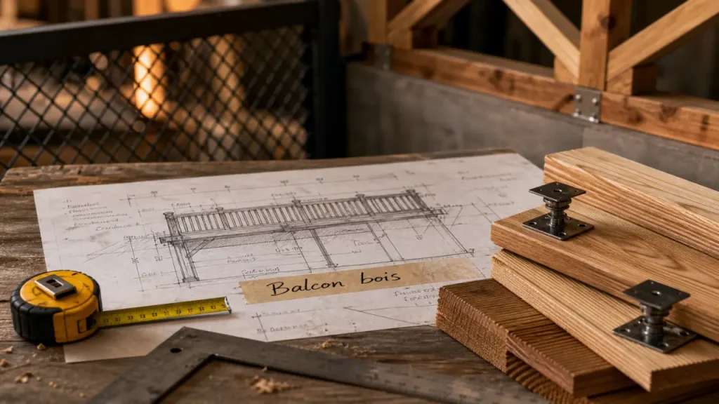 Balcon bois en kit : plan, lames et fixation, garde-corps