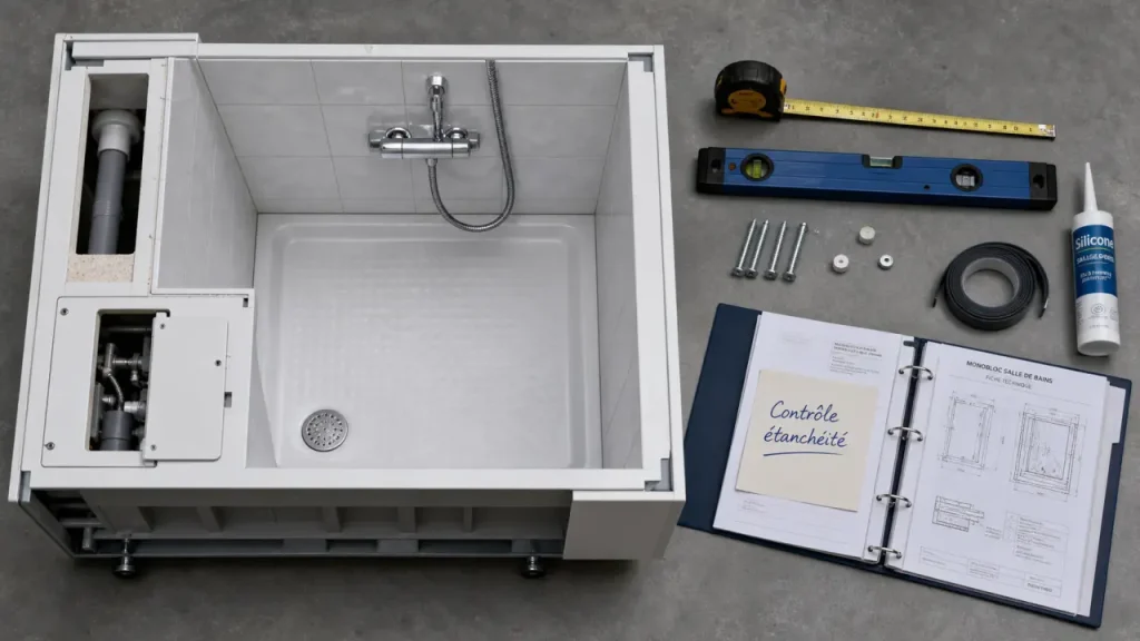 Bloc salle de bain monobloc, contrôle étanchéité et raccords PVC