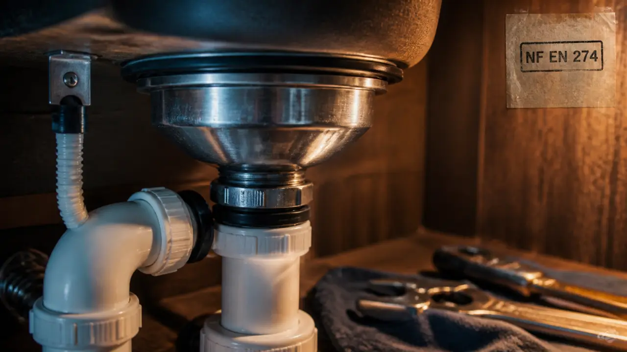 Bondé évier en inox raccordée au siphon, étanchéité durable