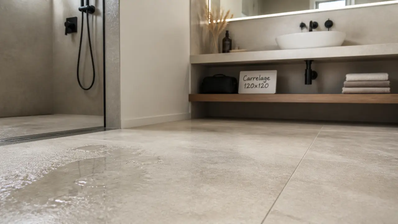 Carrelage salle de bain 120x120, joints fins, effet XXL, antidérapant