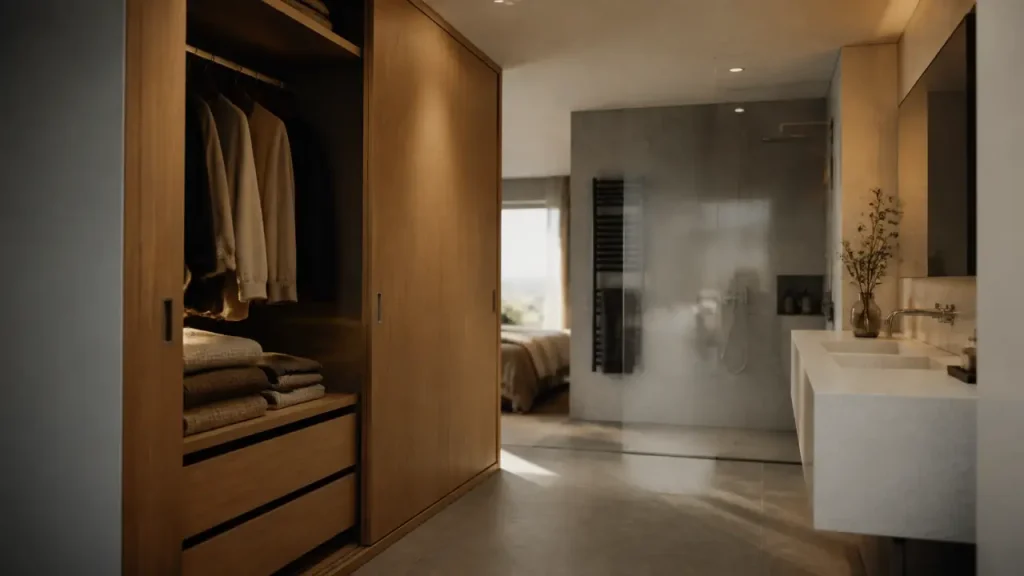 Dressing salle de bain intégré, gain de place, anti-humidité, bois et métal brossé