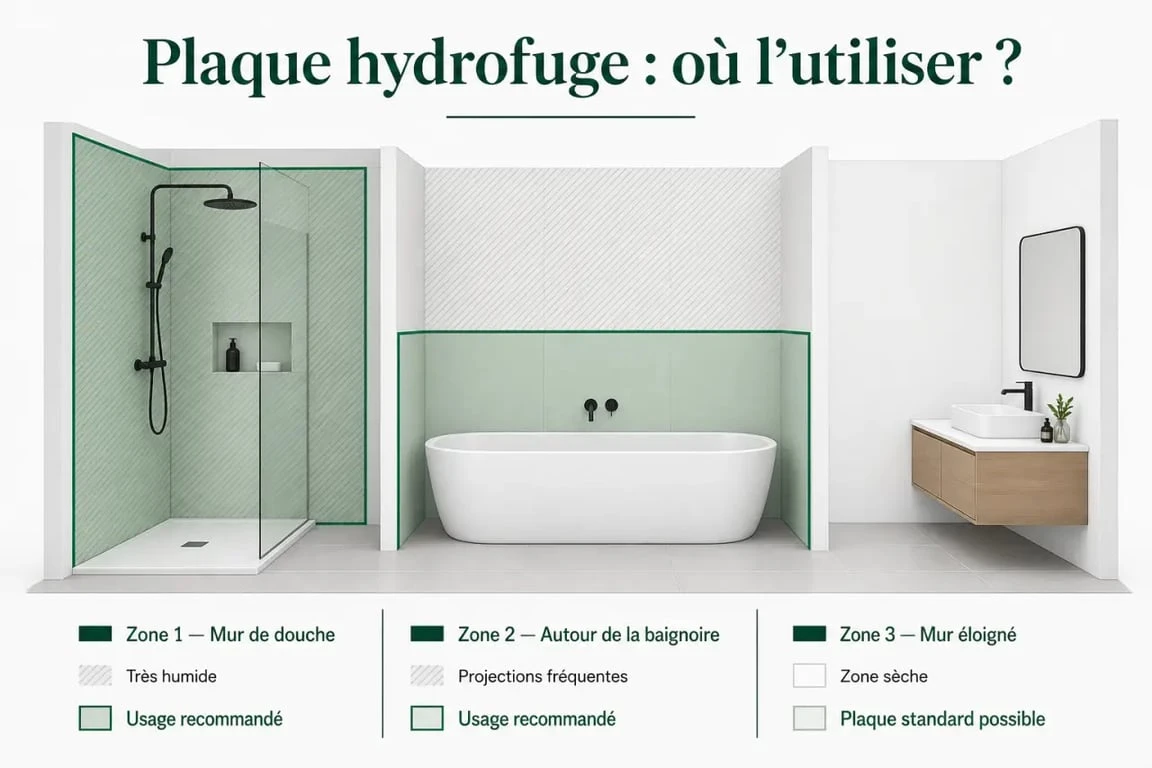 Plaque hydrofuge salle de bain : schéma éditorial des zones humides et des usages recommandés