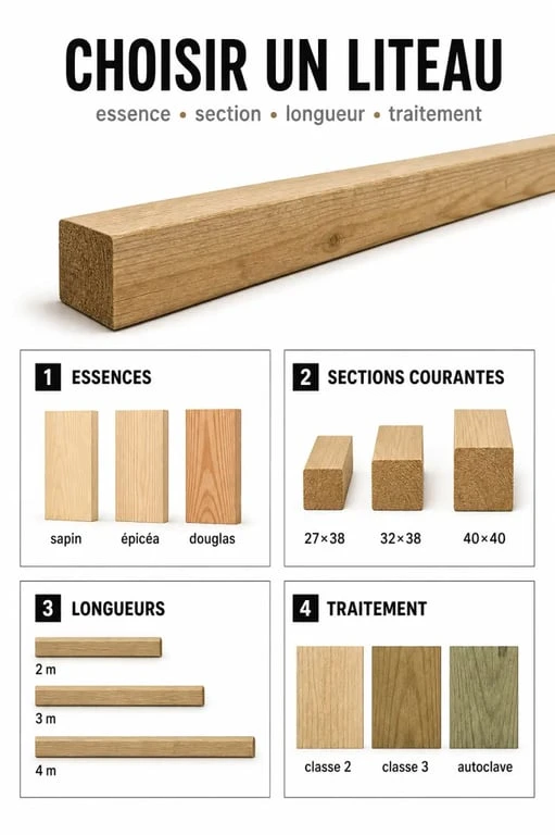 Liteau pour toiture : essences, sections et traitements à comparer visuellement