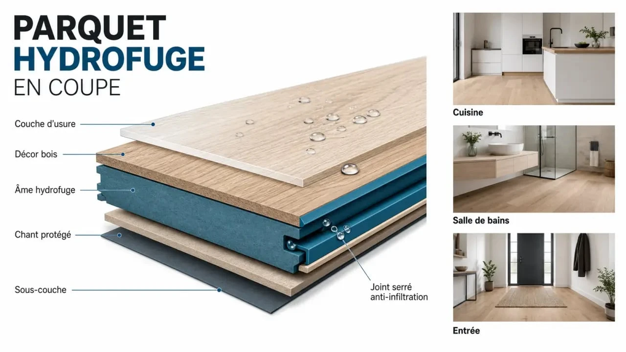 Parquet hydrofuge en coupe montrant la protection contre l’eau et les usages en cuisine et salle de bains
