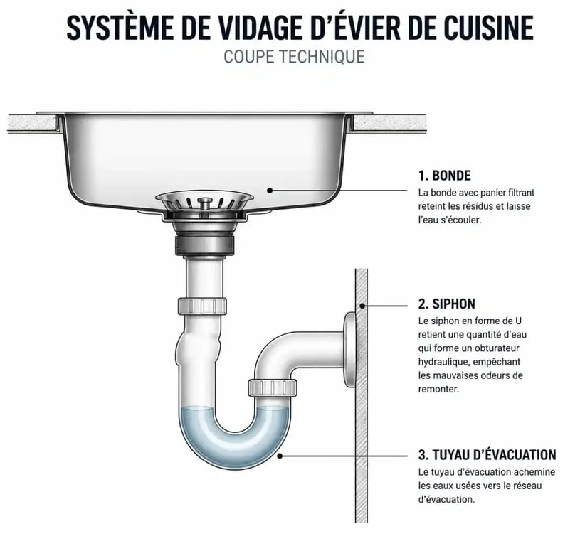 Schéma technique d'une bonde d'évier de cuisine et son système d'évacuation
