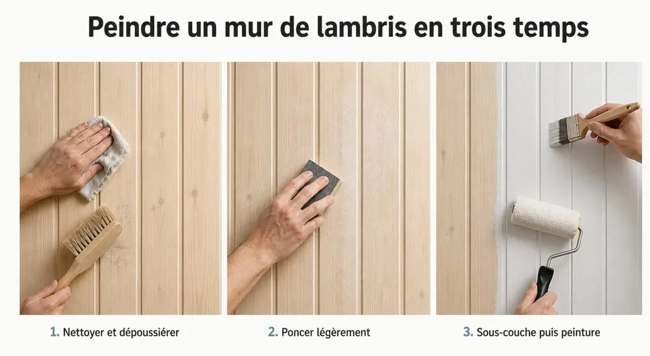 Lambris à peindre en préparation avec ponçage, sous-couche et peinture en intérieur