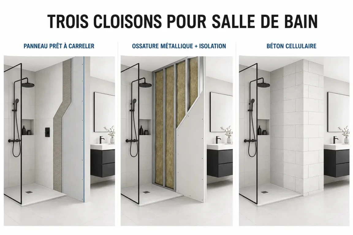 Cloison pour salle de bain : comparatif visuel des panneaux prêts à carreler, ossature métallique et béton cellulaire