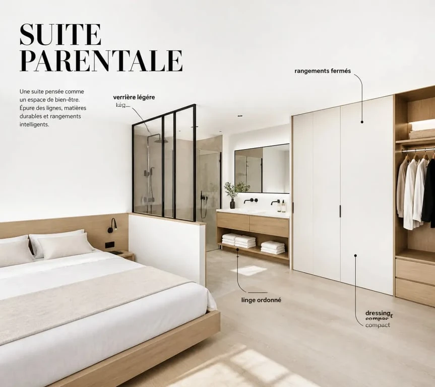 Dressing salle de bain intégré dans une suite parentale moderne avec verrière