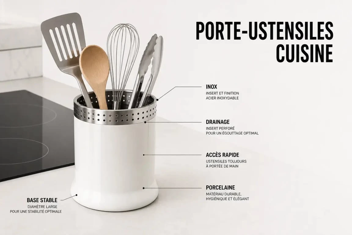 Porte ustensiles cuisine en cuisine contemporaine avec spatule, cuillère en bois et fouet, montrant rangement, stabilité et drainage