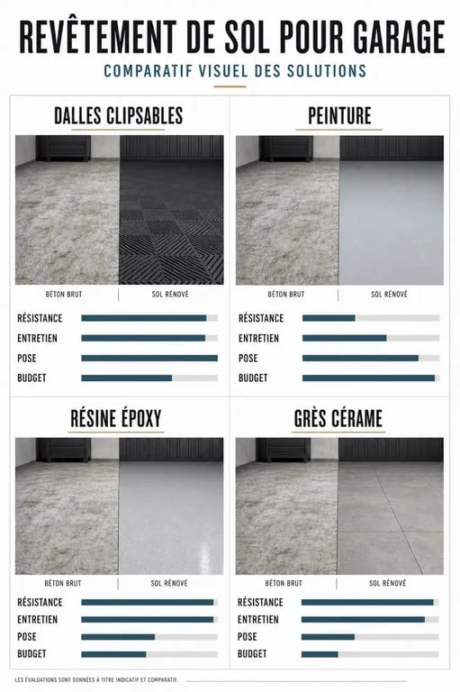Comparatif du revetement sol pour garage avec dalles clipsables, peinture, résine et carrelage