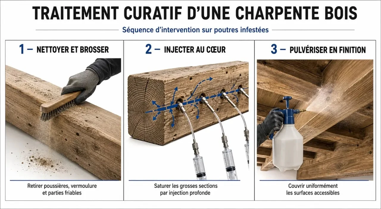 Traitement de charpente bois : étapes d’un traitement curatif par injection et pulvérisation