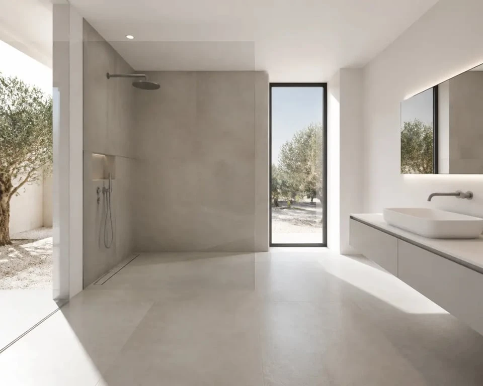 Carrelage salle de bain 120x120 dans une salle de bain contemporaine avec grands carreaux et joints discrets