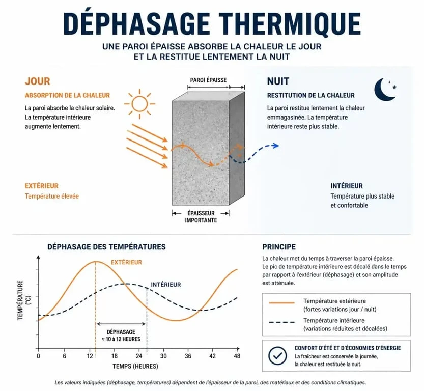 Schéma explicatif du déphasage thermique dans une isolation naturelle