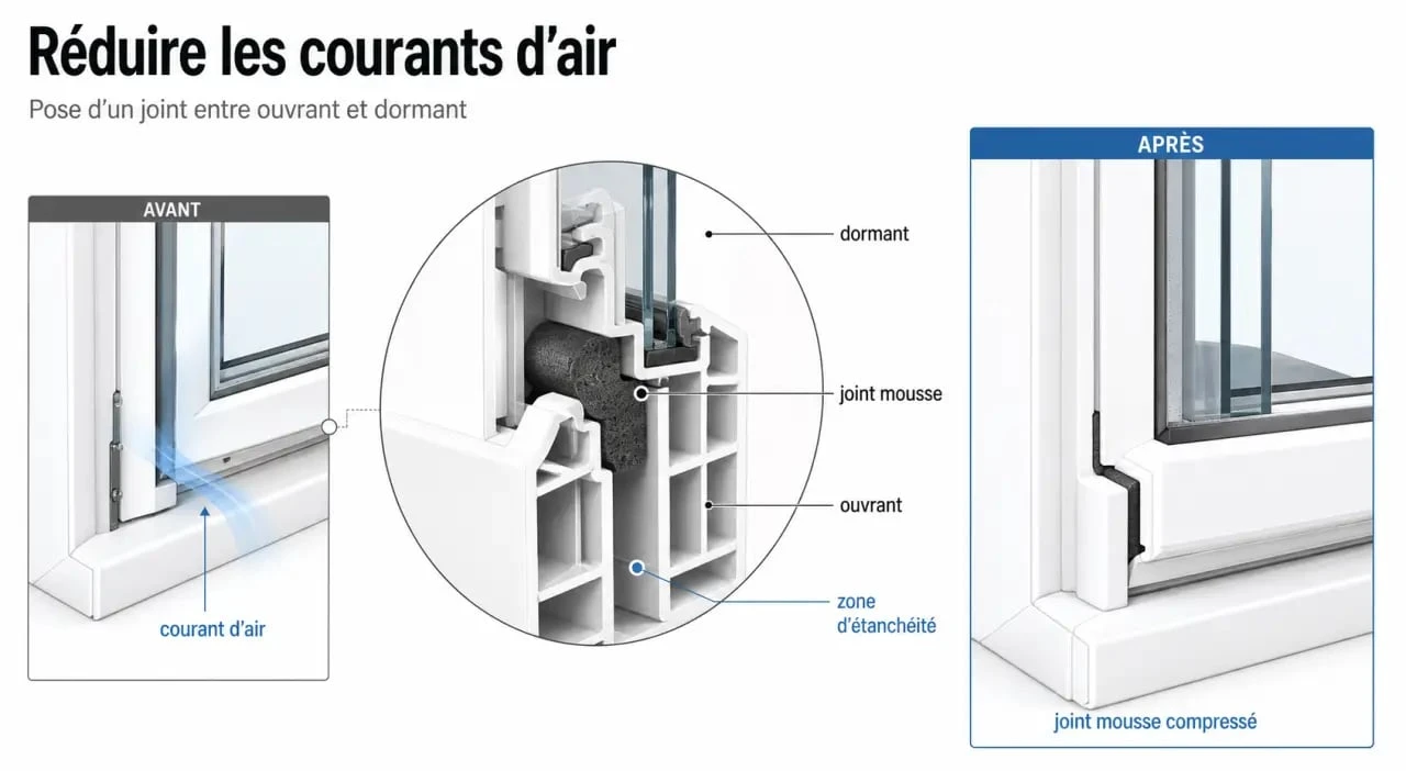 Mousse joint fenetre posée sur le cadre d’une fenêtre pour calfeutrer les courants d’air
