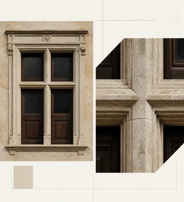 Fenêtre à meneaux en pierre sur façade ancienne, avec meneau vertical et traverse horizontale visibles