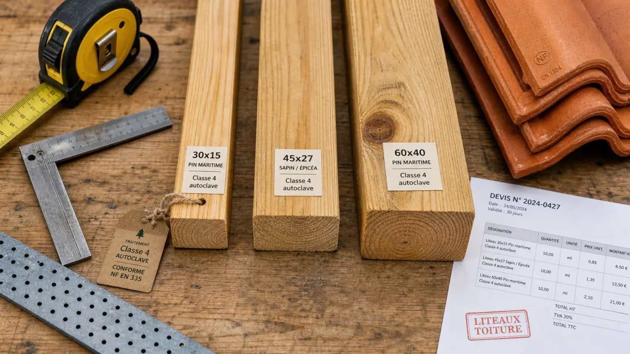 Liteau pour toiture : pin maritime, sapin et épicéa, sections et classe 4