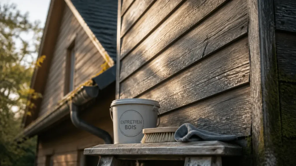 Maison en bois entretien : brosse et chiffon sur bardage grisé