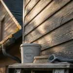 Maison en bois entretien : brosse et chiffon sur bardage grisé