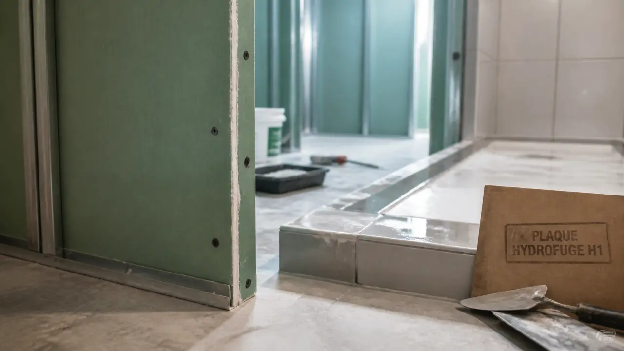Plaque hydrofuge salle de bain en BA13 sur ossature, chantier et étanchéité