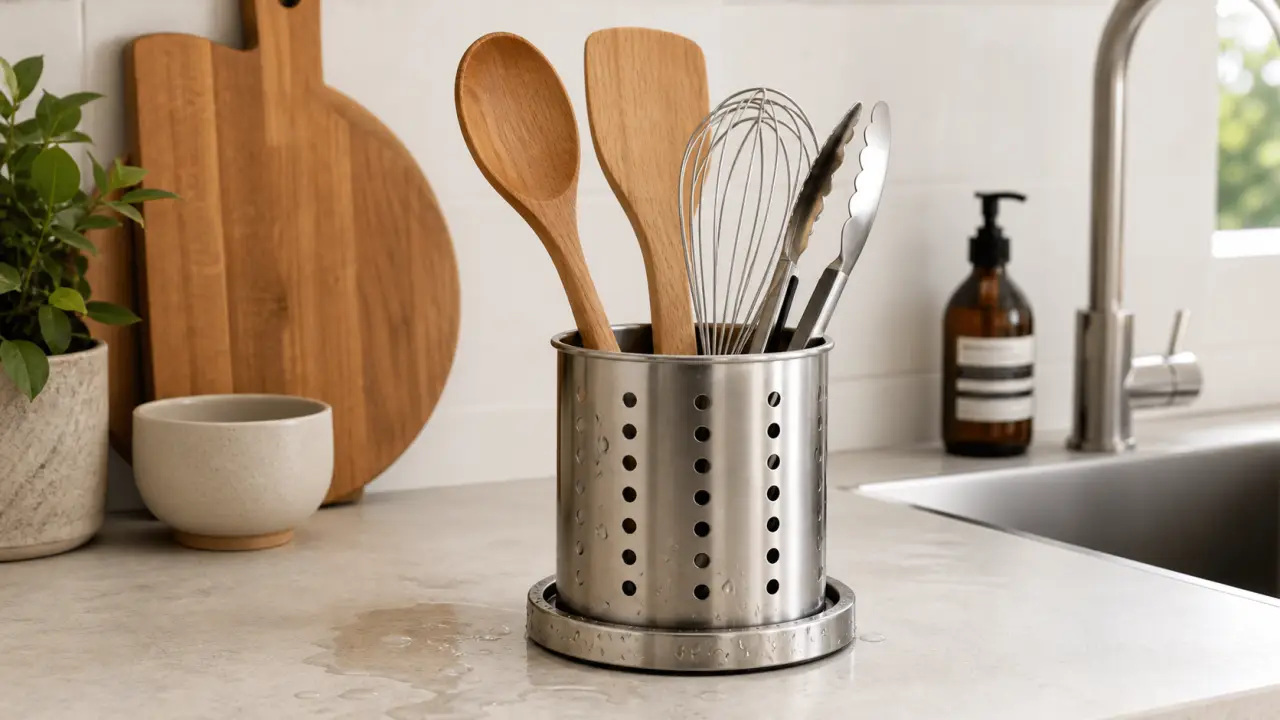 Porte ustensiles cuisine en acier inox ajouré, stable, avec drainage