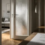 Portes intérieures vitrées avec vitrage dépoli, cadre blanc et lumière diffusée