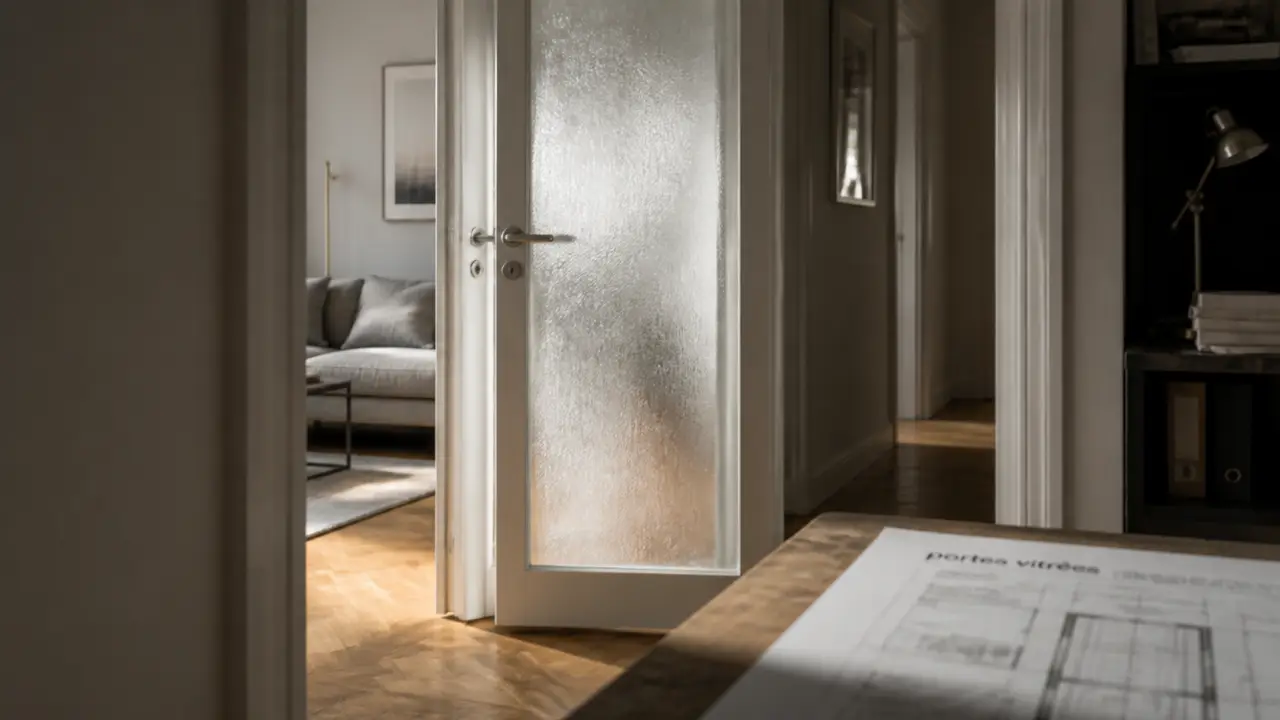 Portes intérieures vitrées avec vitrage dépoli, cadre blanc et lumière diffusée