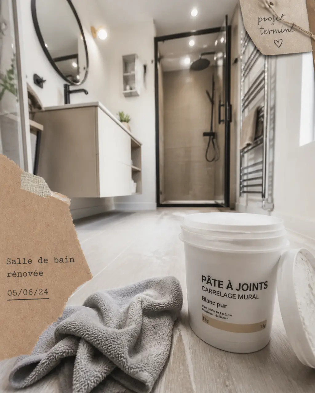 Relooker la salle de bain : joints blanchis, douche vitrée, sol clair