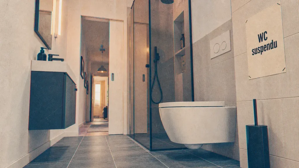 Salle de bain toilette avec WC suspendu et douche vitrée