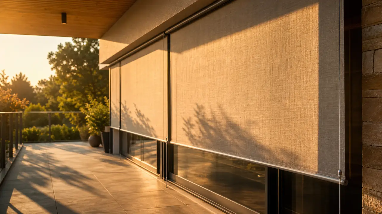 Store exterieur vertical : toile bien tendue, ombres nettes