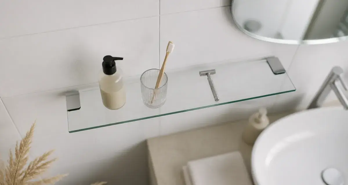 Tablette pour salle de bain en verre sur mur carrelé
