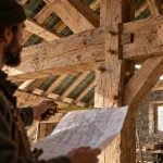 Charpente traditionnelle : tenons-mortaises et chevilles en bois dans un grenier
