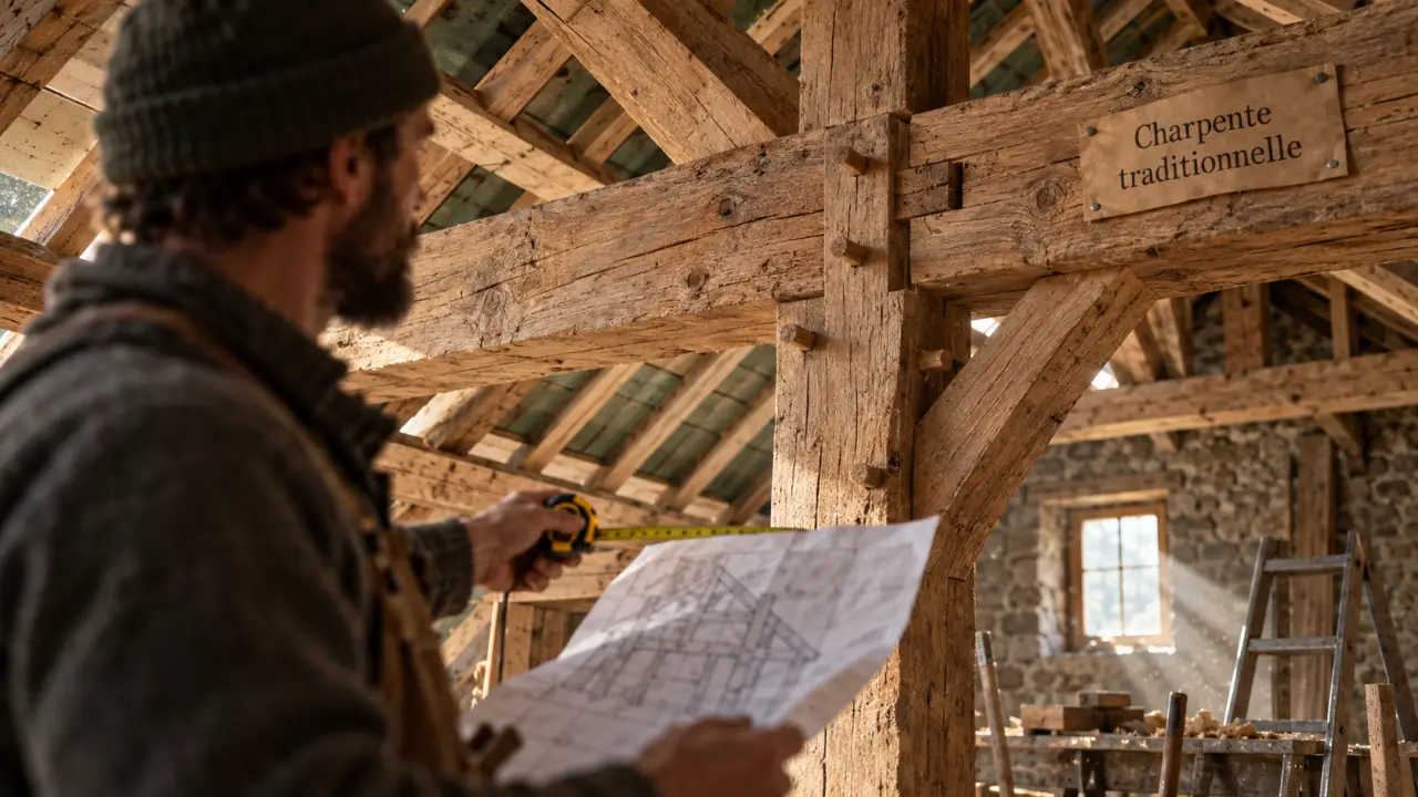 Charpente traditionnelle : tenons-mortaises et chevilles en bois dans un grenier