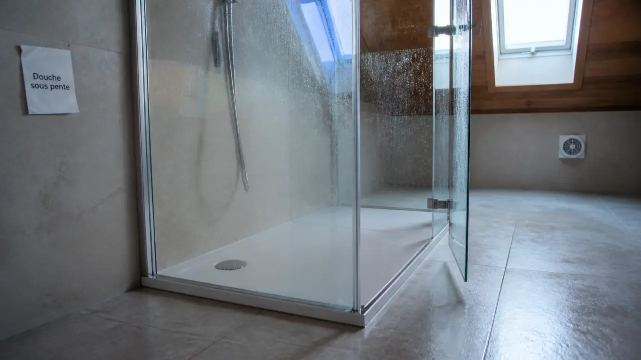 Photo douche sous pente de toit : paroi sur mesure et étanchéité