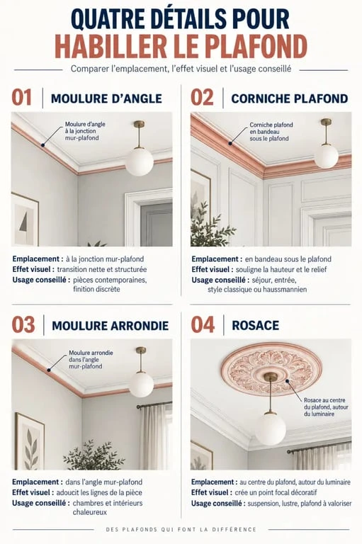 Infographie sur la moulure au plafond, la corniche, la moulure d’angle et la rosace