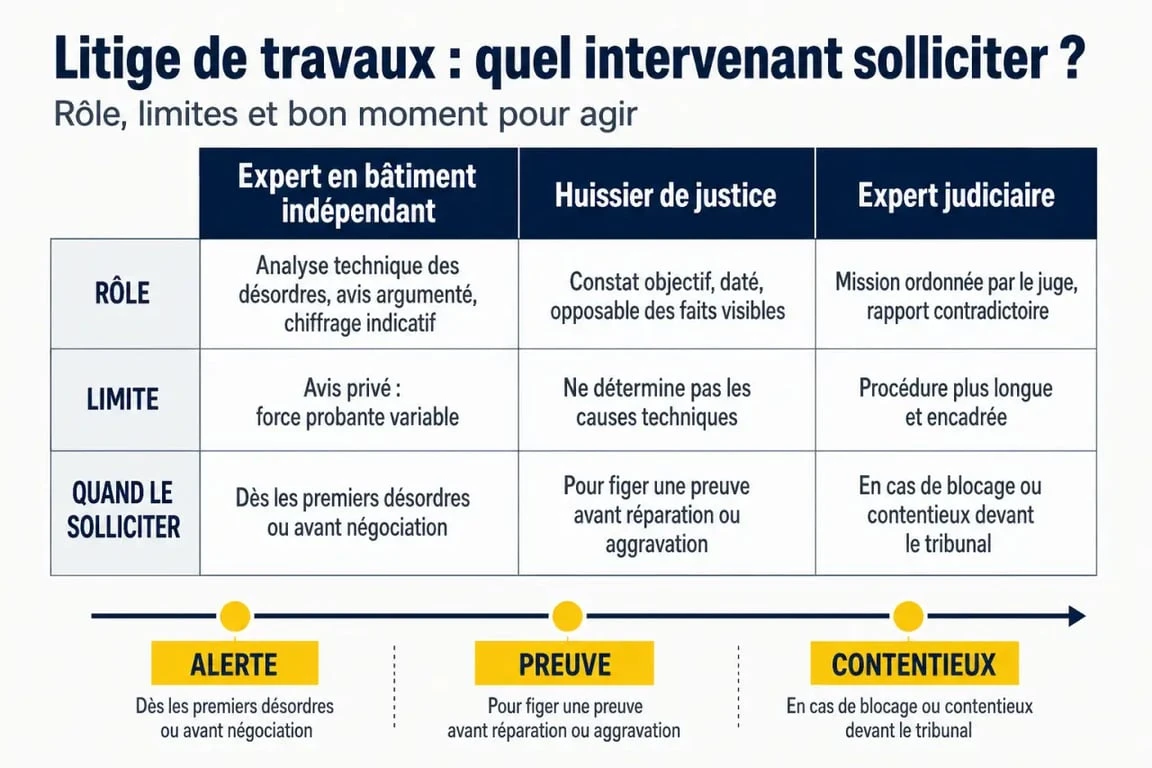Expert travaux malfaçon prix : comparaison entre expert en bâtiment, huissier et expert judiciaire