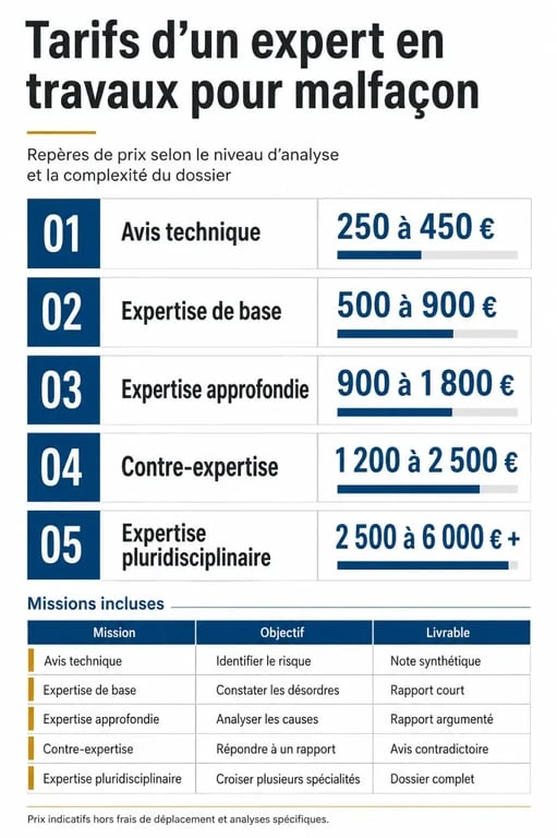 Expert travaux malfaçon prix : tableau visuel des tarifs selon le type d’intervention