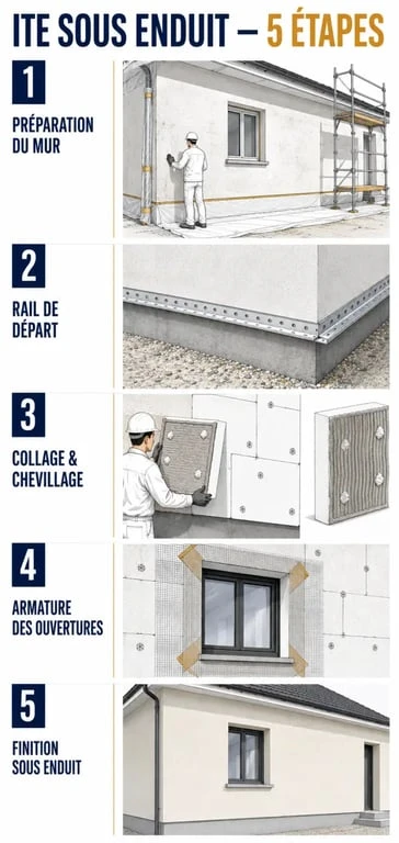 Isolation extérieur soi-même : illustration des cinq étapes d’une ITE sous enduit